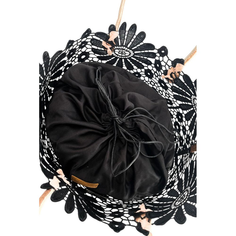 Black PU women handbag with lace outer shell and drawstring closure