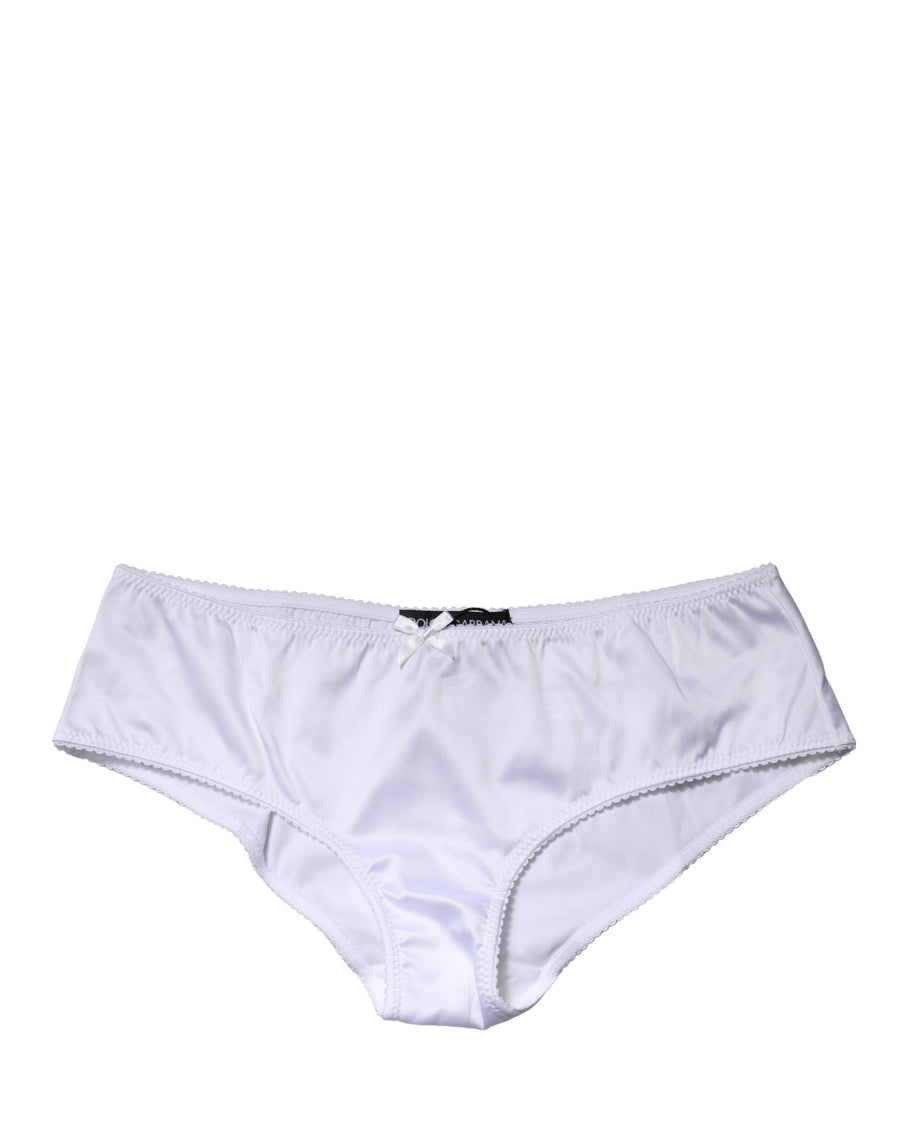 White silk stretch mid-waist brief panty with a small front bow