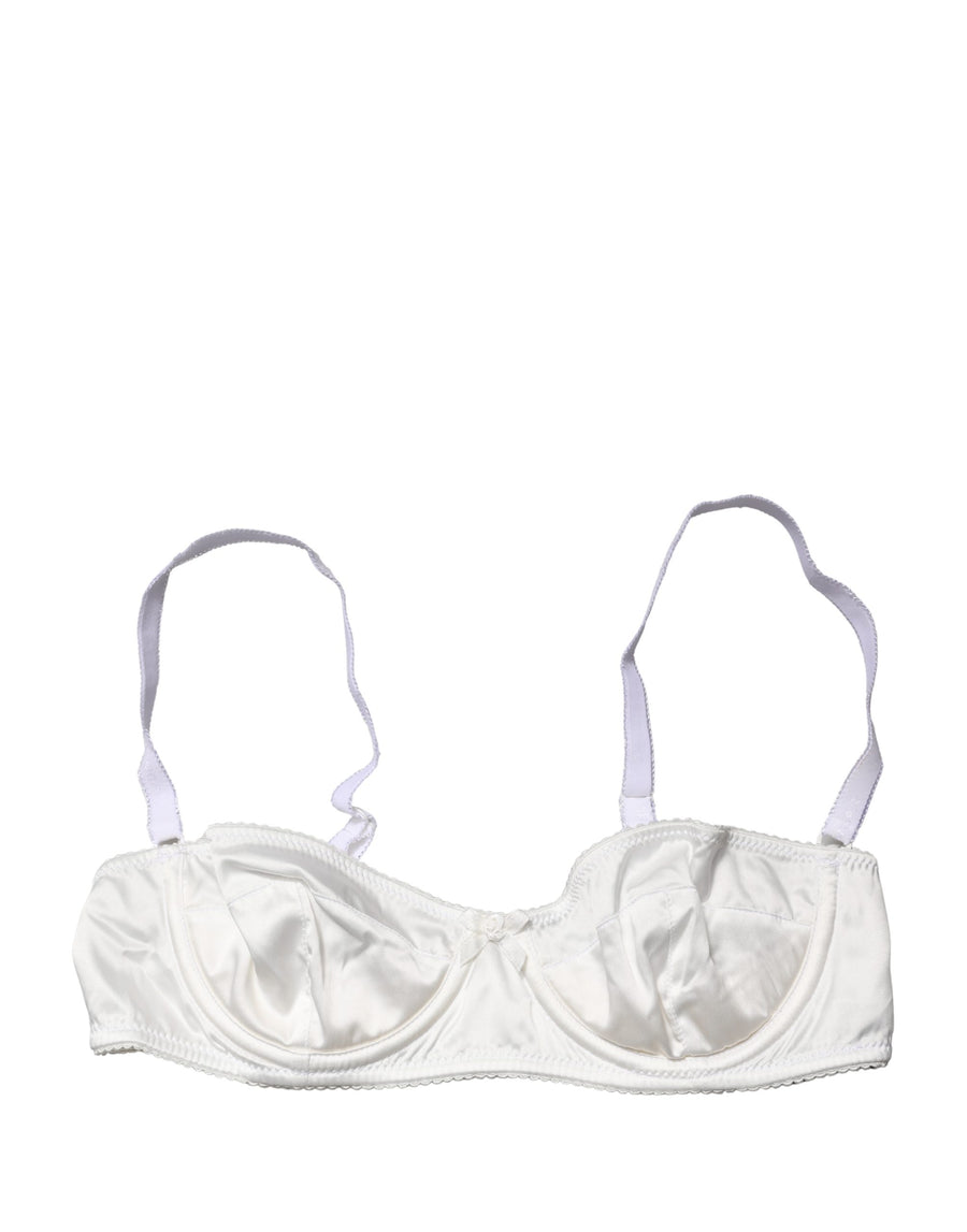 White satin underwire balconette bra with adjustable straps and small bow