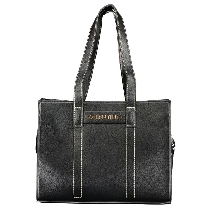 Black polyurethane tote bag with white topstitching and gold Valentino branding