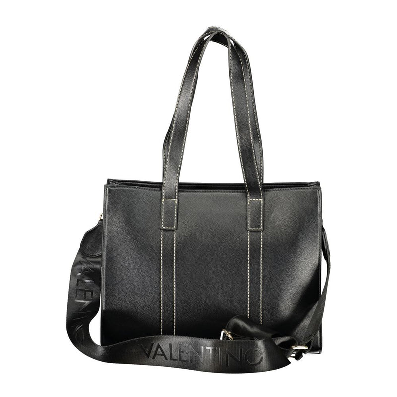 Black polyurethane tote bag with white topstitching and a wide branded shoulder strap