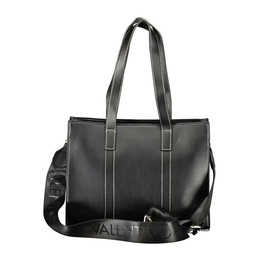 Black polyurethane tote bag with white topstitching and gold Valentino branding