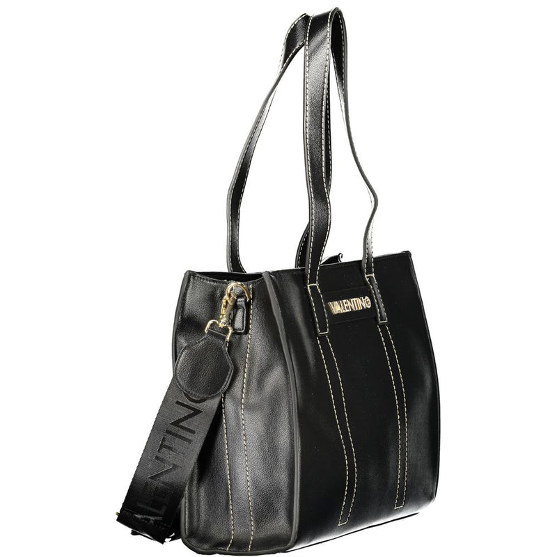 Black polyurethane tote bag with dual shoulder straps and branded webbing strap