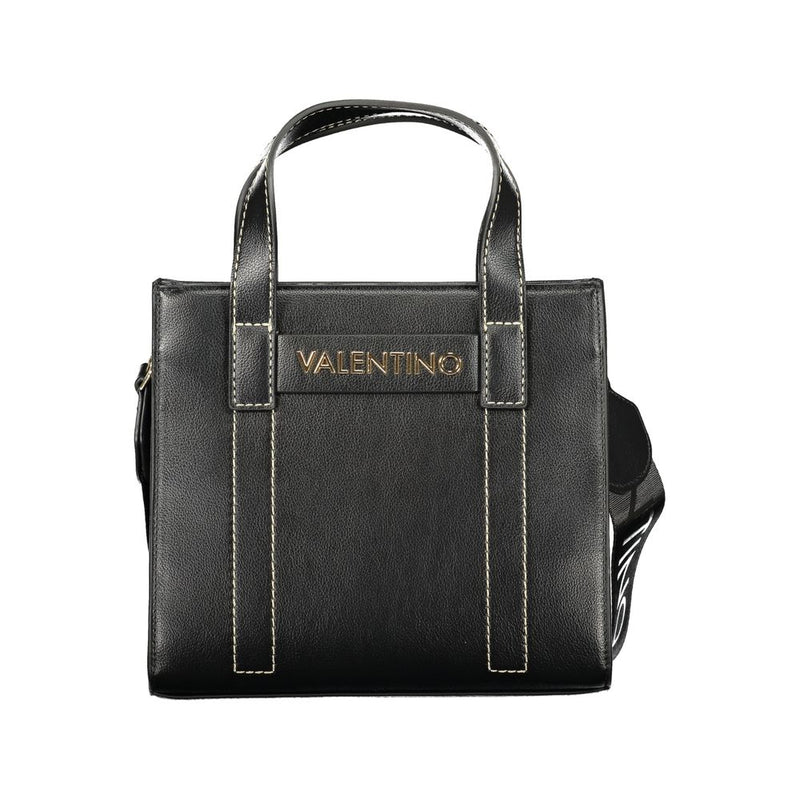 Black polyurethane tote bag with white contrast stitching, dual top handles, and gold Valentino logo lettering