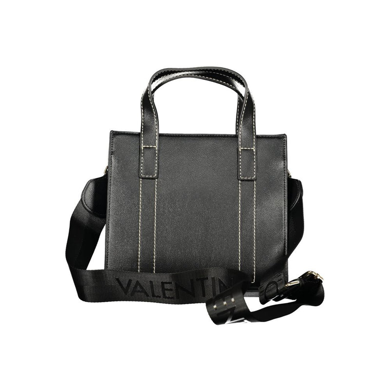 Black polyurethane tote bag with white stitching and a branded shoulder strap