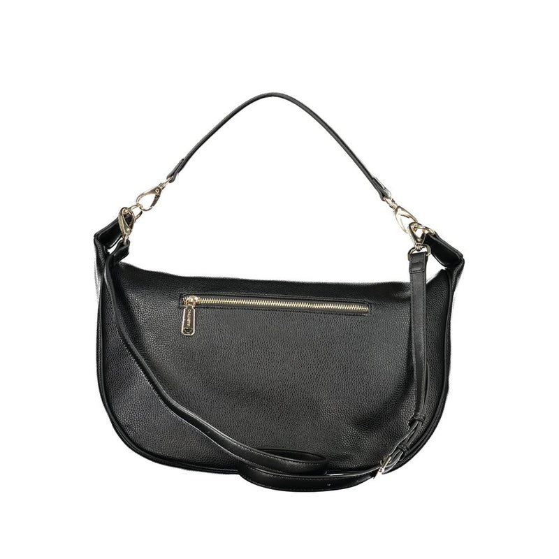 Black polyurethane women's hobo bag with a zipper pocket and gold hardware