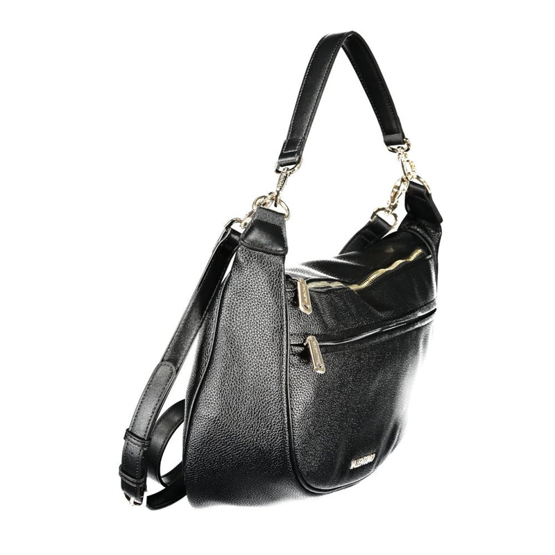 Black textured polyurethane shoulder bag with zippered pockets and gold hardware