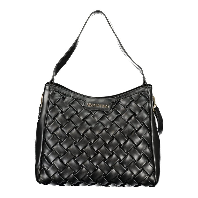 Black polyurethane woven shoulder bag with a single strap and metallic logo