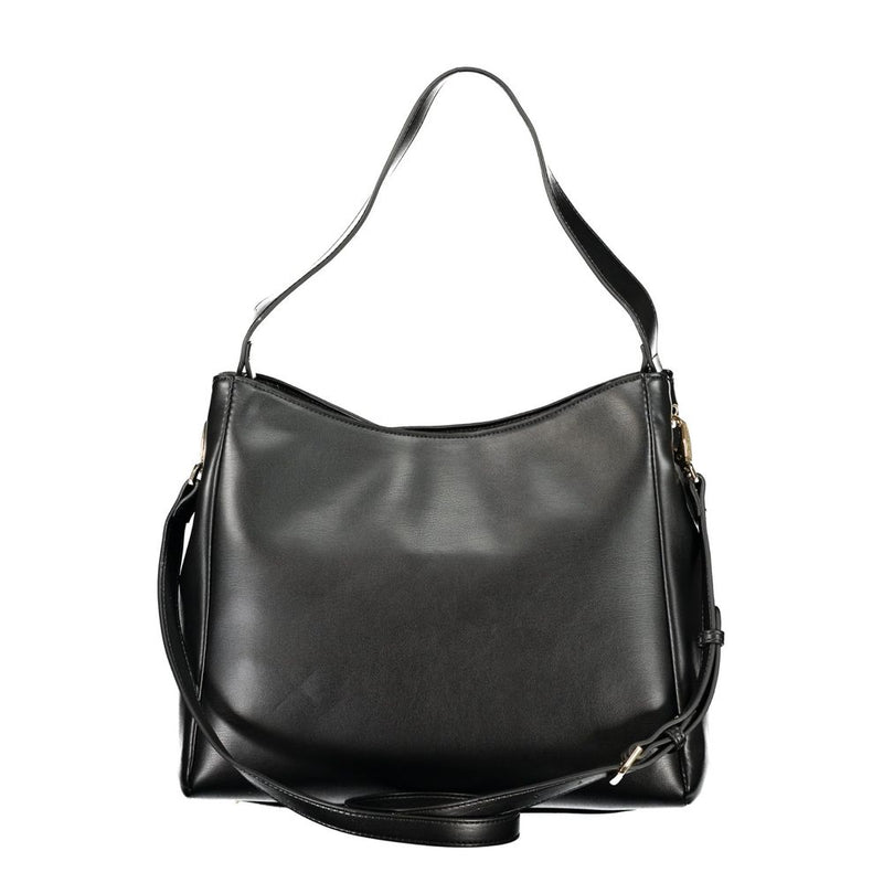 Black polyurethane women's hobo bag with top handle and shoulder strap