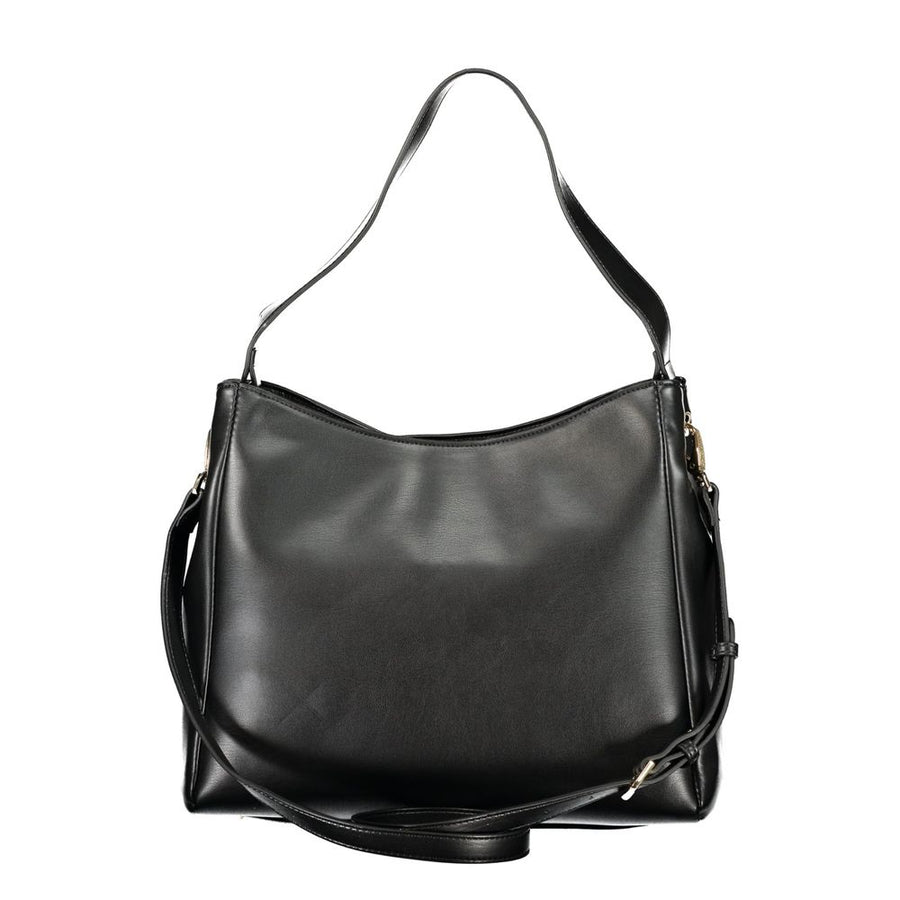 Black polyurethane woven shoulder bag with a single strap and metallic logo