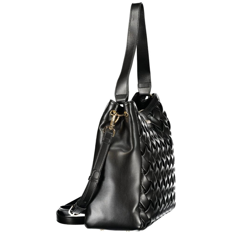 Black faux leather shoulder bag with a woven pattern and gold hardware