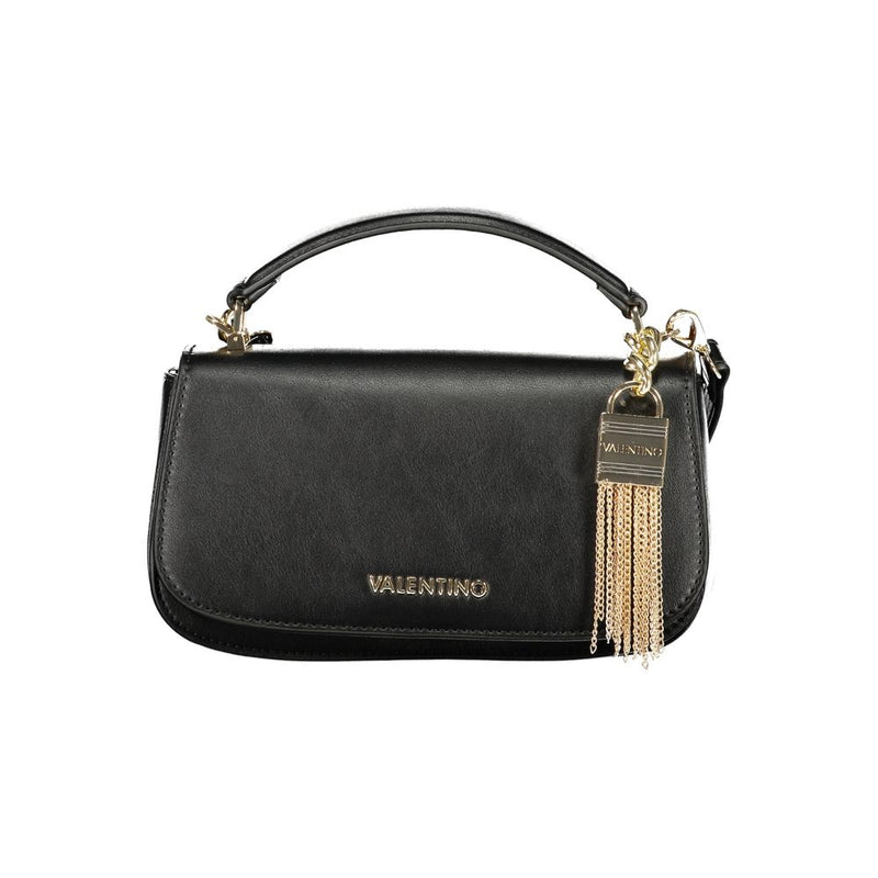 Black polyurethane structured handbag with gold hardware, top handle, and tassel charm