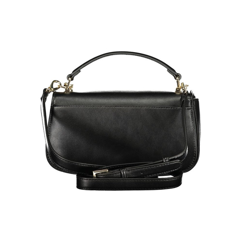 Black polyurethane women's handbag with a top handle and shoulder strap