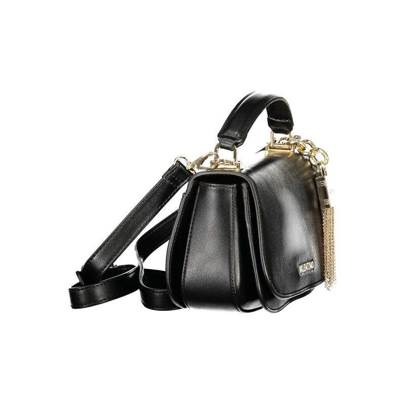 Black polyurethane women's handbag with a top handle and shoulder strap