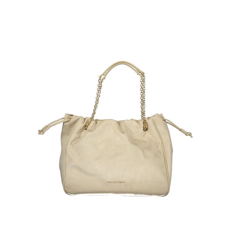 Beige polyurethane women's tote bag with dual chain and leather handles and drawstring sides