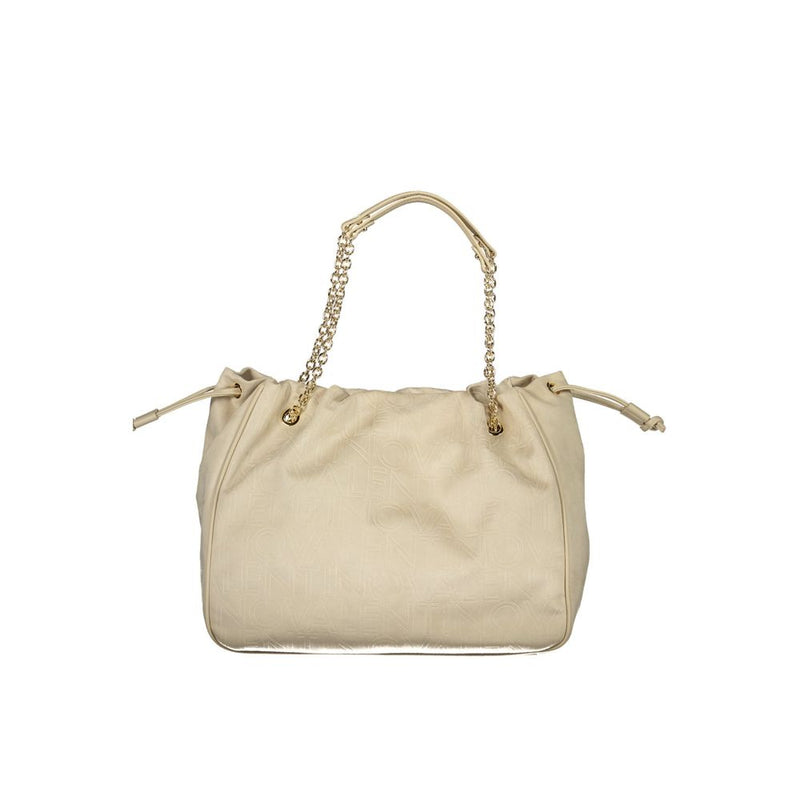 Beige polyurethane shoulder bag with gold chain straps and debossed logo pattern