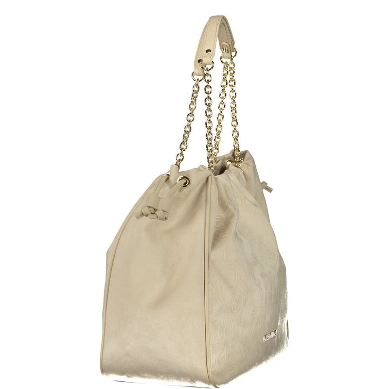 Beige polyurethane shoulder bag with gold chain straps and embossed logo design