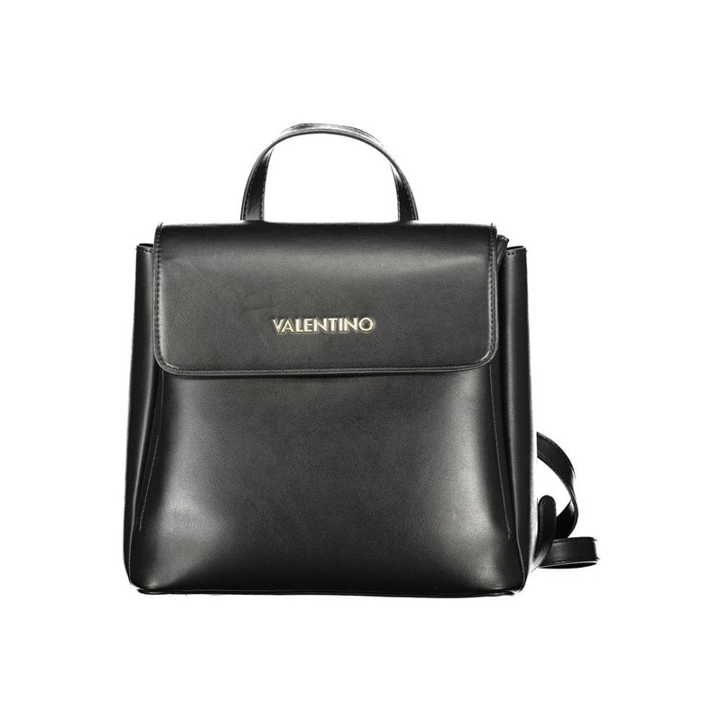 Black polyurethane women's backpack with a top handle and a flap closure featuring gold Valentino lettering