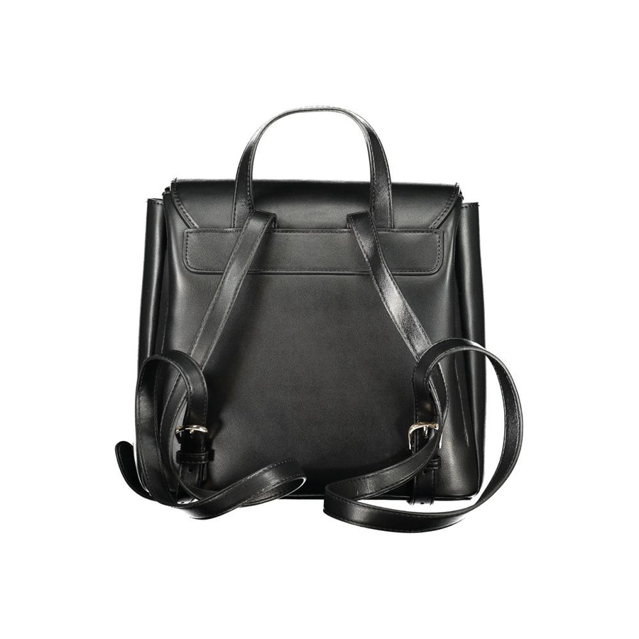 Black polyurethane women's backpack with a top handle and a flap closure featuring gold Valentino lettering