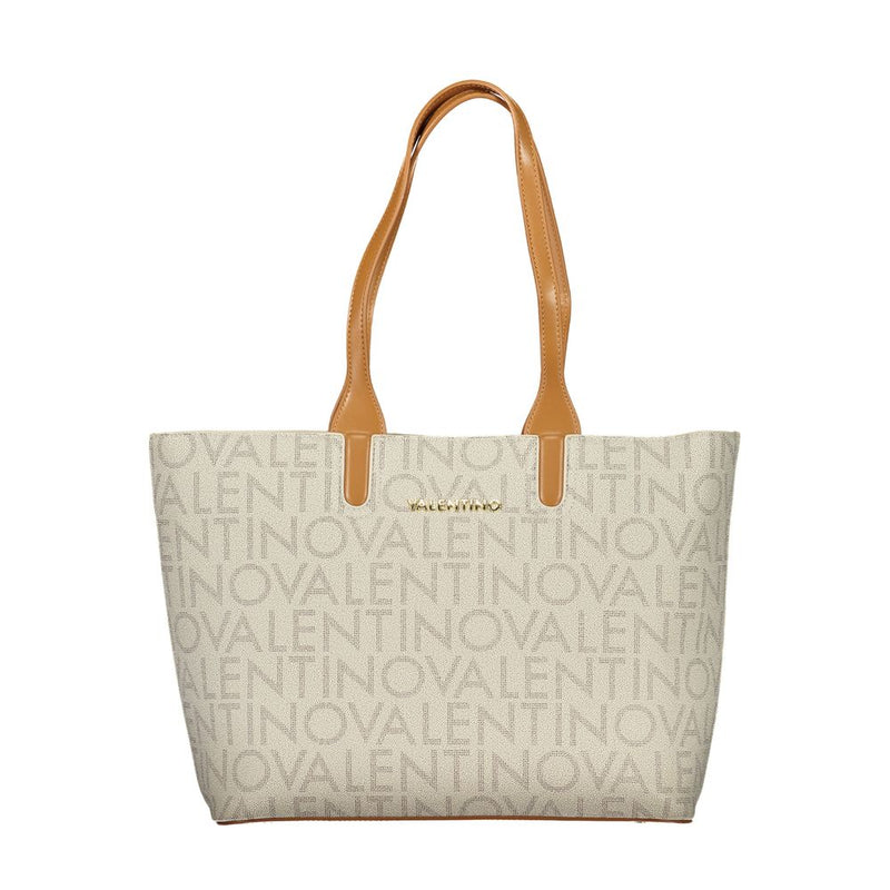 Beige polyurethane tote bag with tan handles and all-over Valentino logo print
