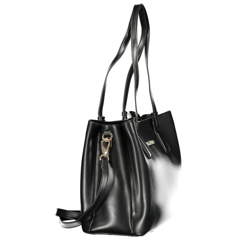 Black polyurethane tote bag with dual shoulder straps and gold hardware