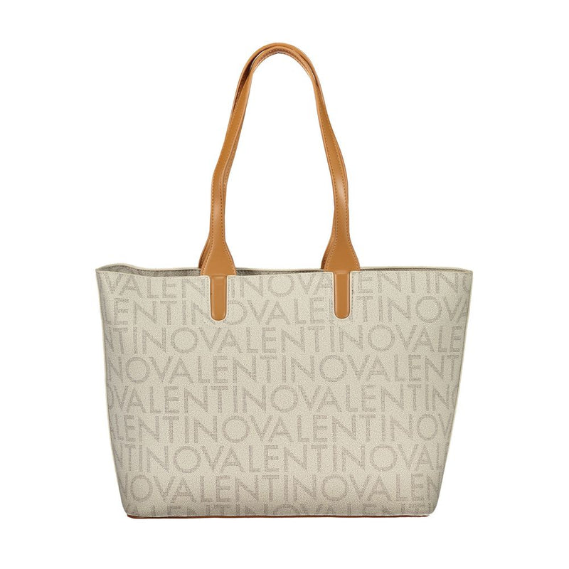 Beige polyurethane tote bag with tan handles and all-over Valentino logo print