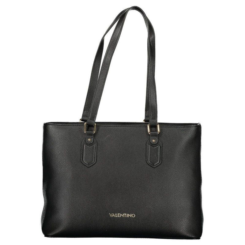 Black textured polyurethane tote bag with double shoulder straps and gold logo lettering