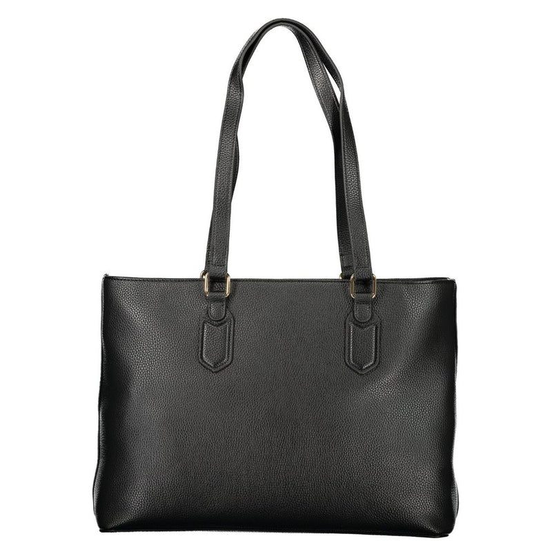 Black textured polyurethane women's tote bag with dual shoulder straps