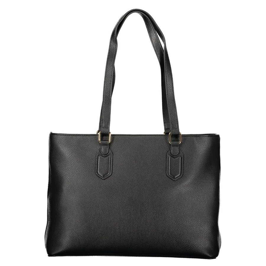 Black textured polyurethane tote bag with double shoulder straps and gold logo lettering