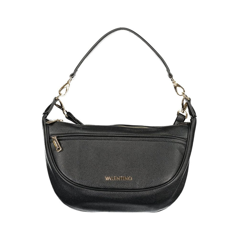 Black polyurethane crescent-shaped shoulder bag with gold hardware
