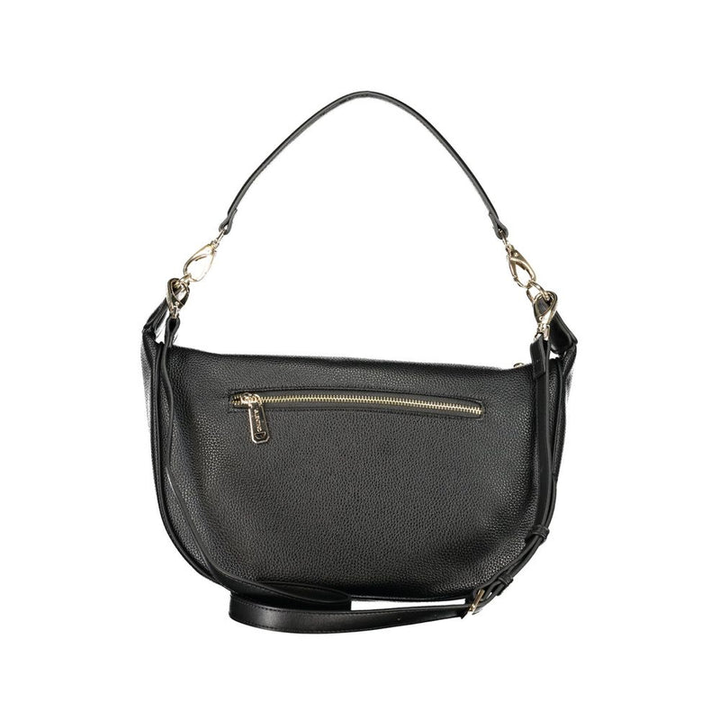 Black polyurethane women's shoulder bag with gold hardware and a zipped exterior pocket