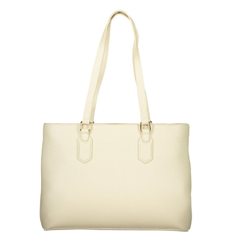 Beige polyurethane shoulder bag with tall dual straps and textured finish