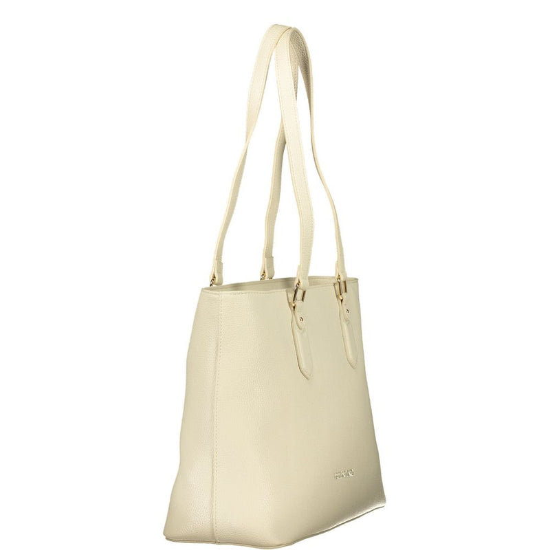 Beige polyurethane women's shoulder bag with tall double straps