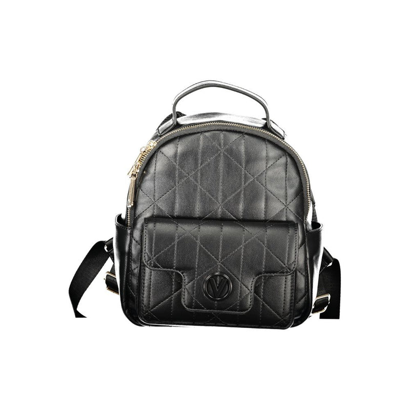Black quilted polyurethane women's backpack with a front pocket and top handle