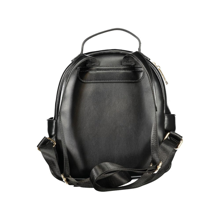 Black quilted polyurethane women's backpack with a front pocket and top handle