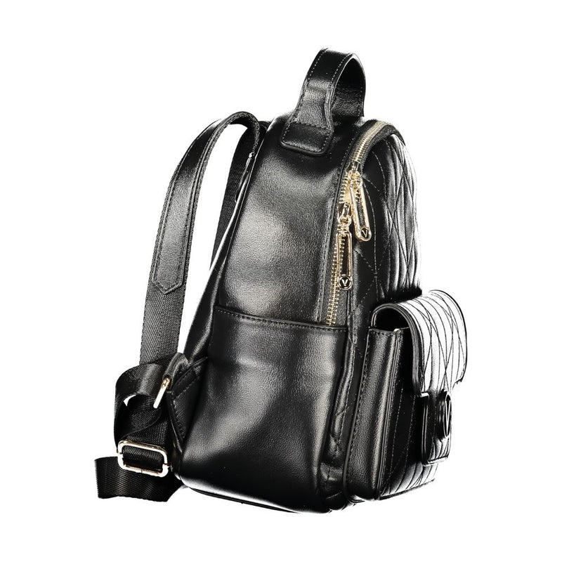 Black polyurethane women's backpack with quilted detailing and gold hardware