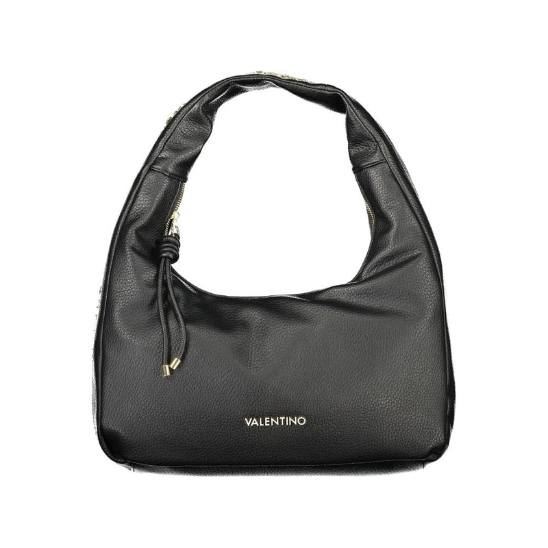 Black polyurethane hobo shoulder bag with a slouchy design and gold tone branding
