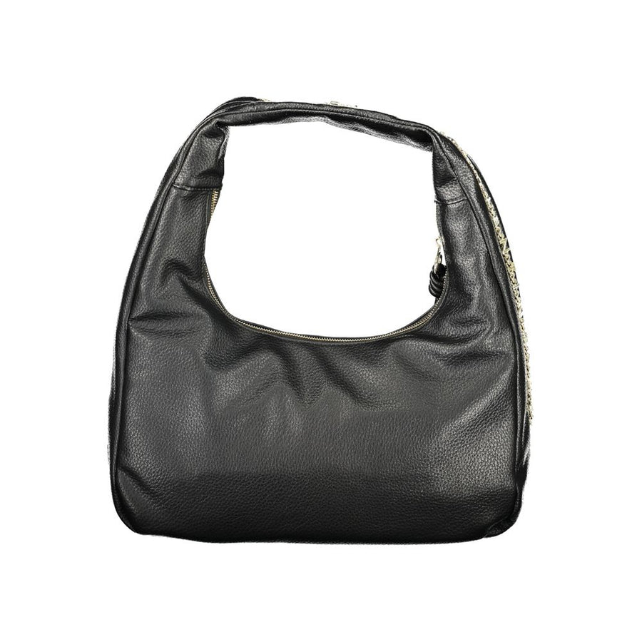 Black polyurethane hobo shoulder bag with a slouchy design and gold tone branding