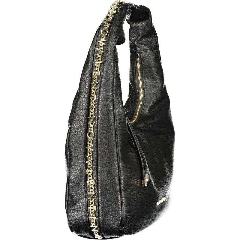 Black polyurethane hobo shoulder bag with a textured finish and gold letter chain trim