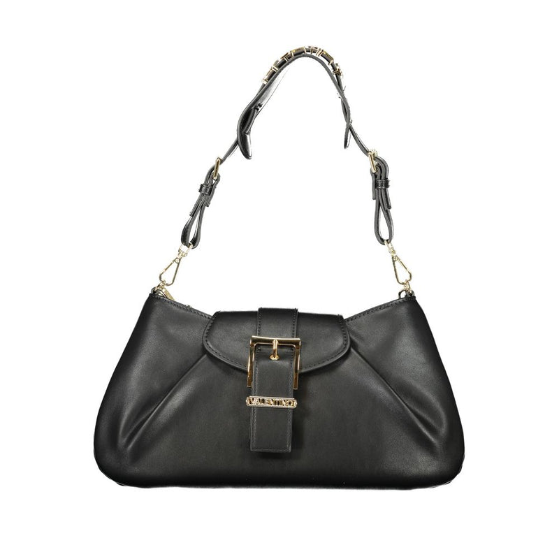 Black polyurethane shoulder bag with gold buckle and strap details