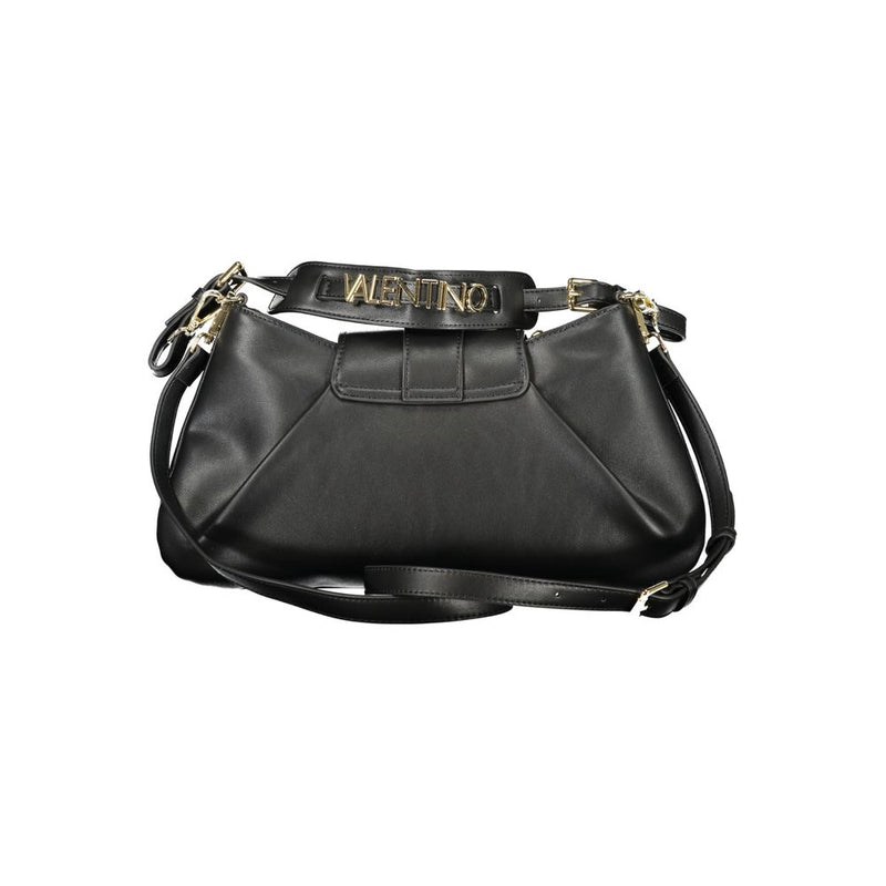 Black polyurethane women's shoulder bag with gold hardware and logo strap