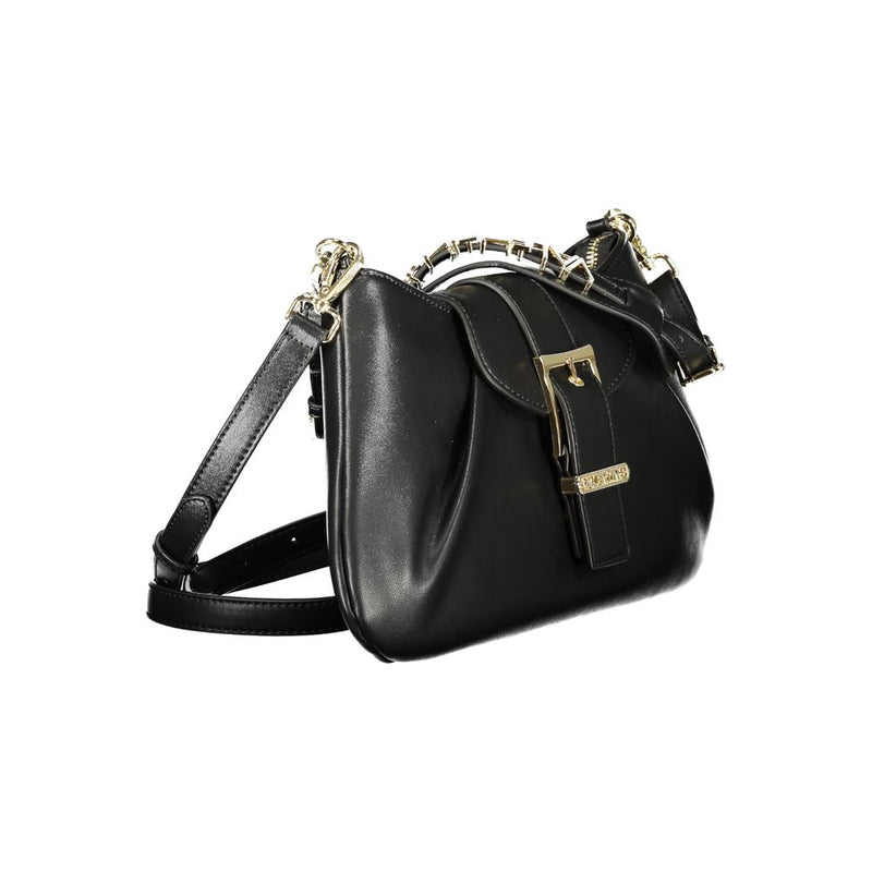 Black polyurethane women's shoulder bag with gold hardware and buckle detail