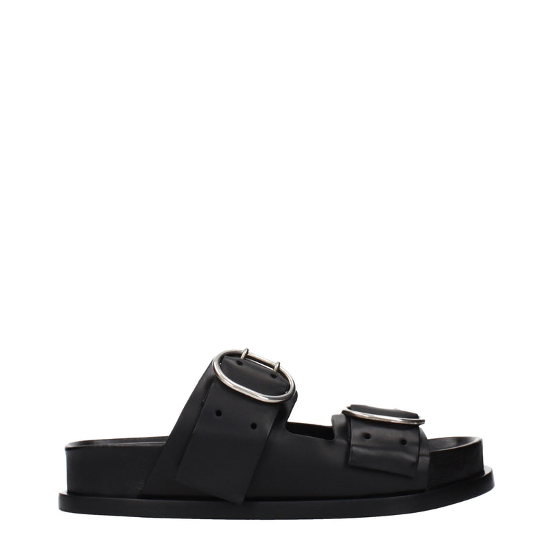 Black leather flat sandal with two wide straps and large silver buckles