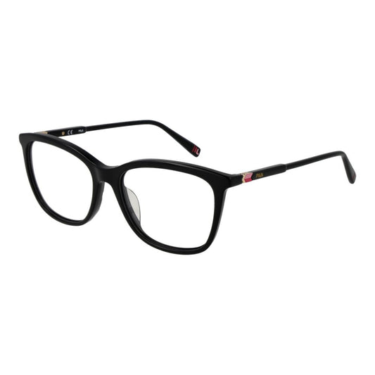 Glossy black plastic full-rim cat-eye glasses frames by Fila with subtle pink and gold temple details
