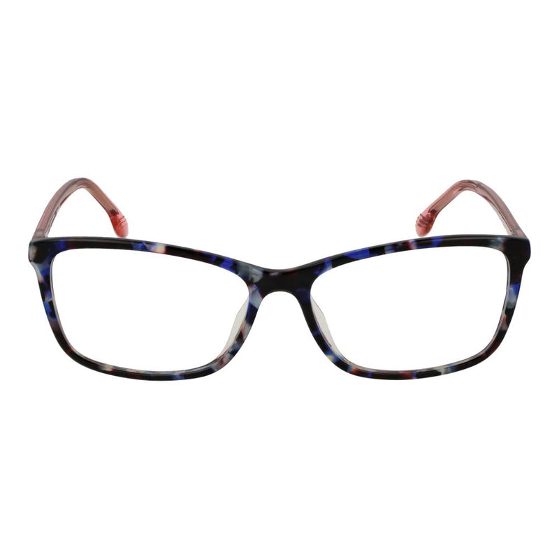 Multicolor tortoiseshell cellulose acetate eyeglass frames with rectangular shape and translucent pink temples