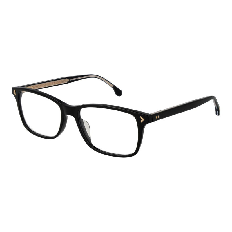 Black cellulose acetate glasses frames with rectangular rims and gold temple accents