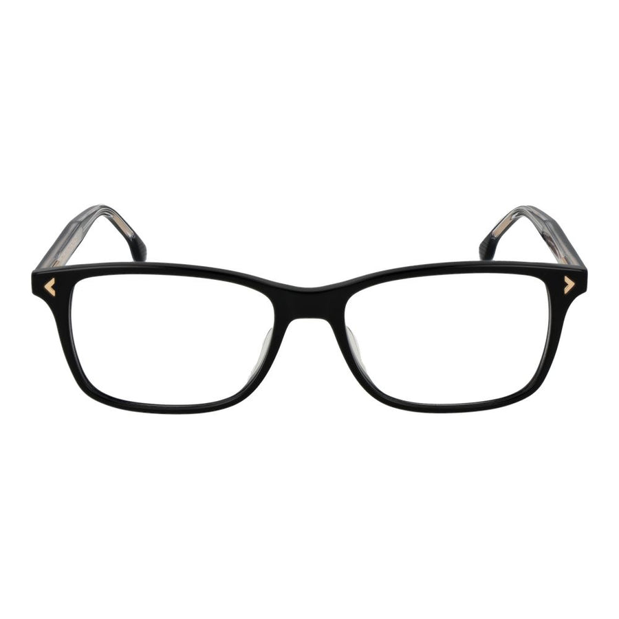 Black cellulose acetate glasses frames with rectangular rims and gold temple accents