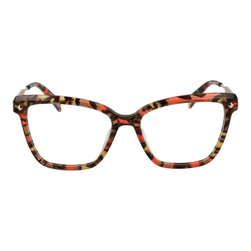 Multicolor cat-eye eyeglasses frames with a tortoiseshell pattern of red, brown, and yellow tones