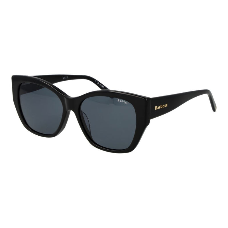 Black acetate sunglasses featuring thick frames and tinted lenses with gold Barbour branding on the temples