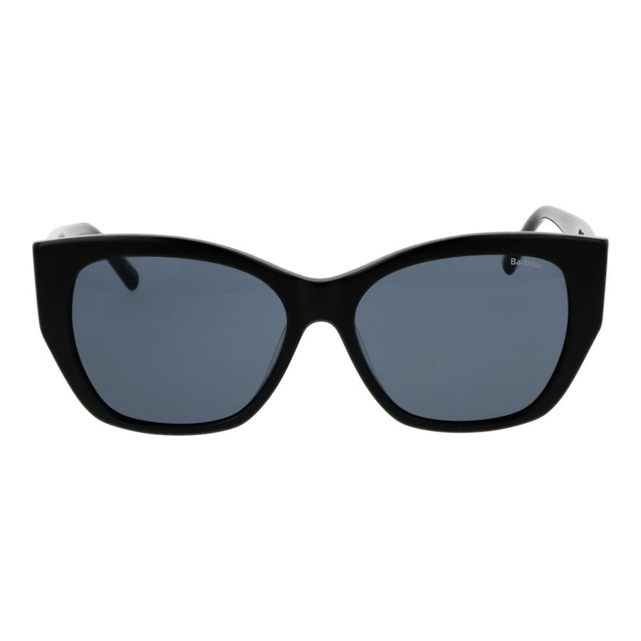 Black acetate sunglasses featuring thick frames and tinted lenses with gold Barbour branding on the temples